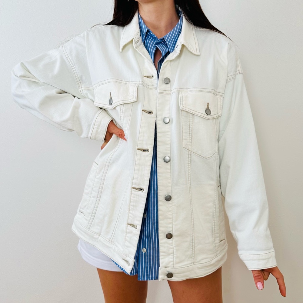 New Eileen Fisher Undyed Organic Cotton White Jeans Oversized Long Denim Jacket